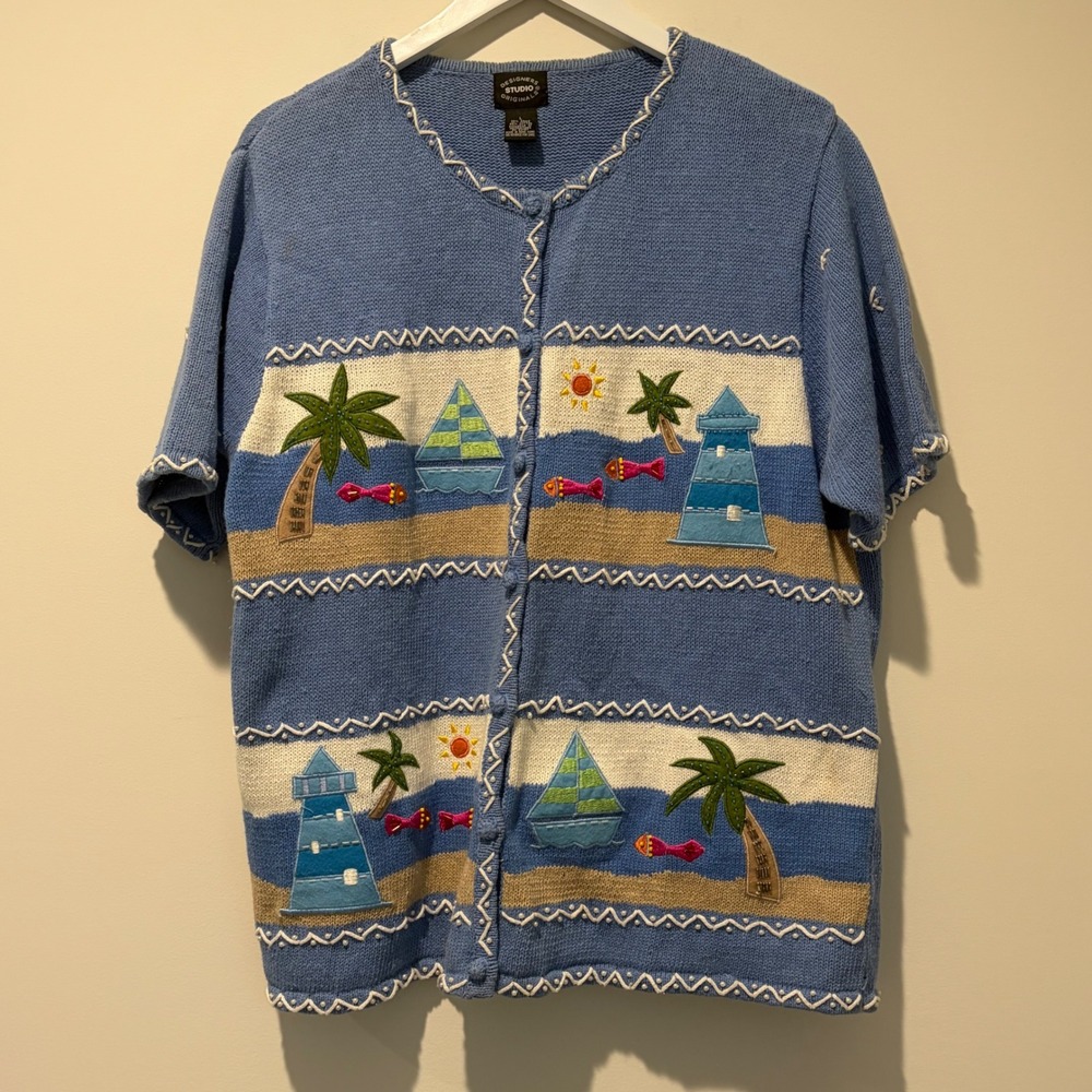 Designers Studio Originals Blue Nautical Beach Embroidered Beaded Cardigan L
